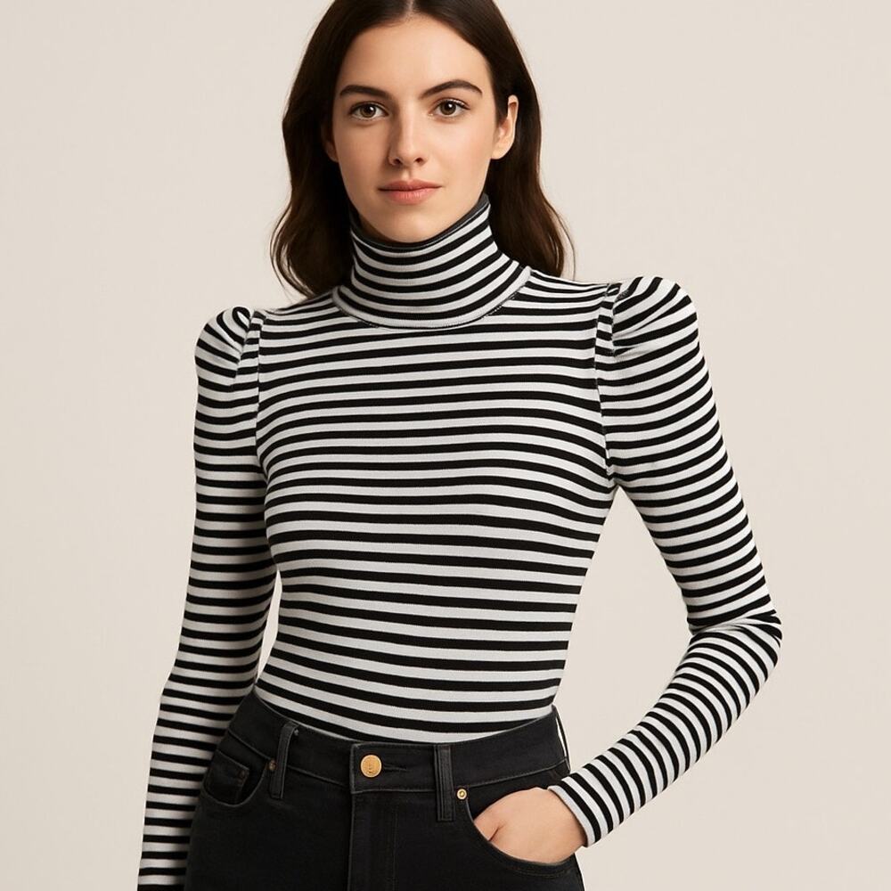 Veronica Beard Cedar Striped Ribbed  Turtleneck Sweater